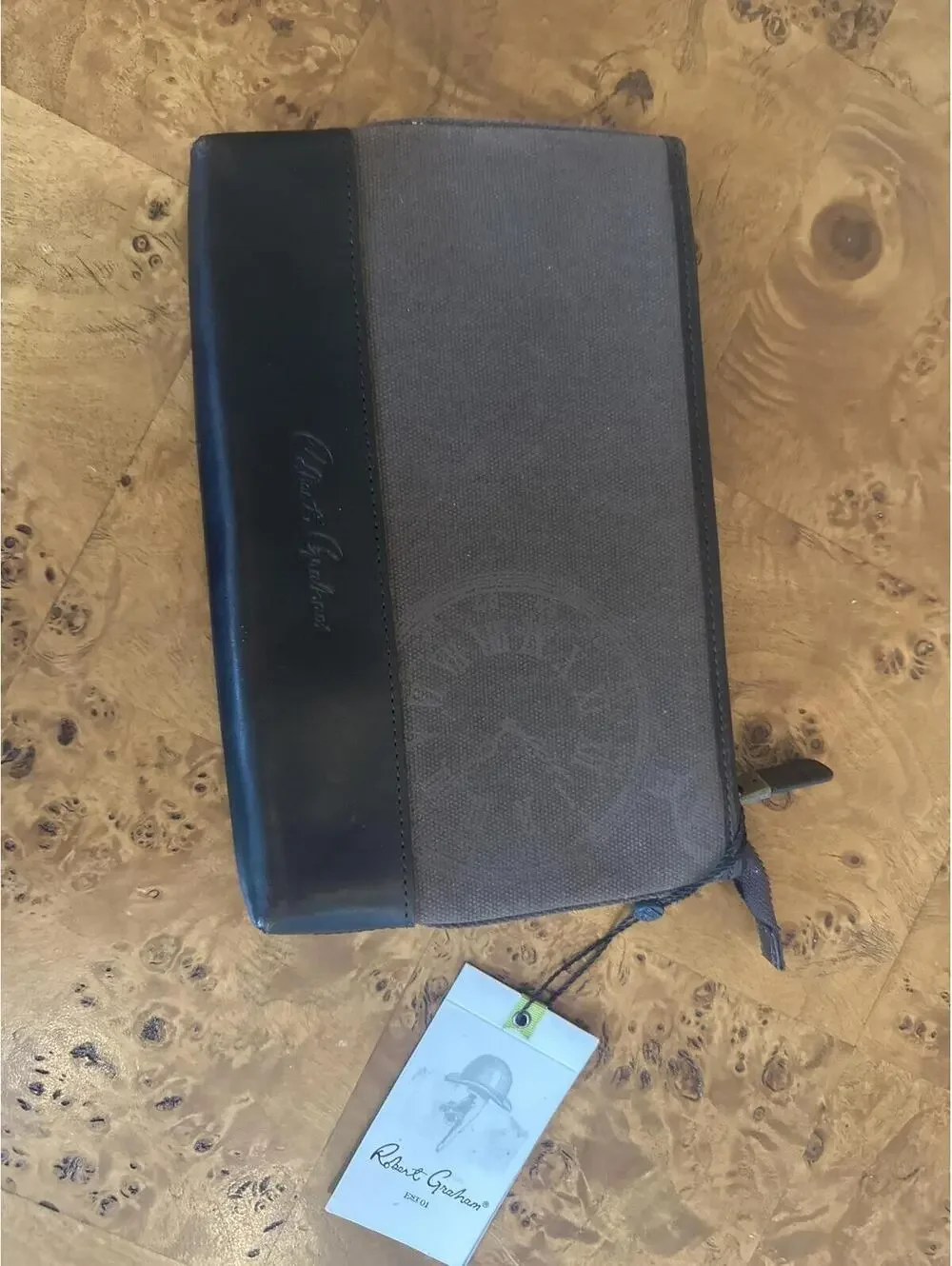 Robert Graham Canvas and Leather Zip Pouch with Clock Print
